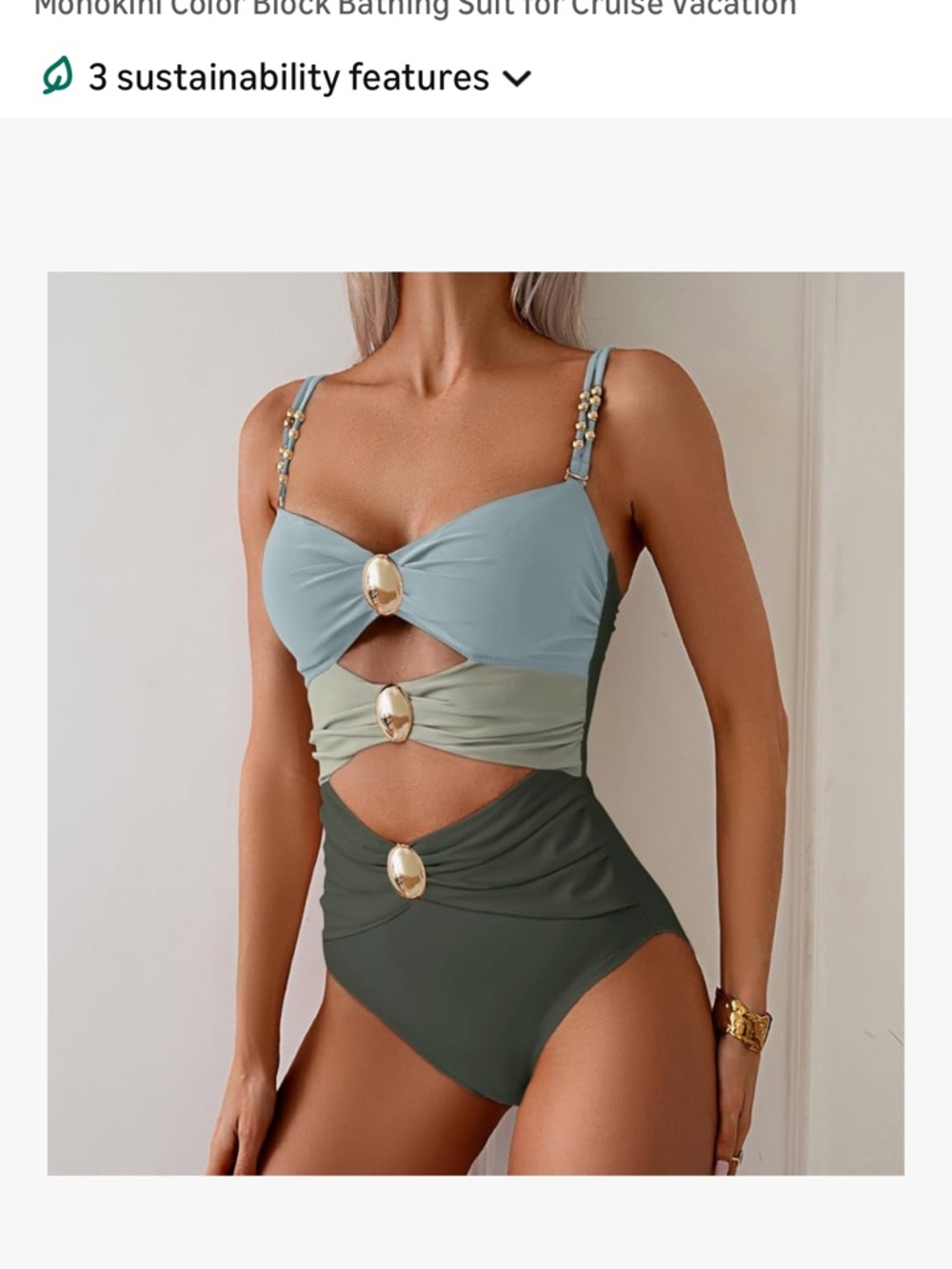 Women One-Piece Swimsuit in Light Blue, Sage, and Olive with Gold Accents NWOT - Picture 3 of 3